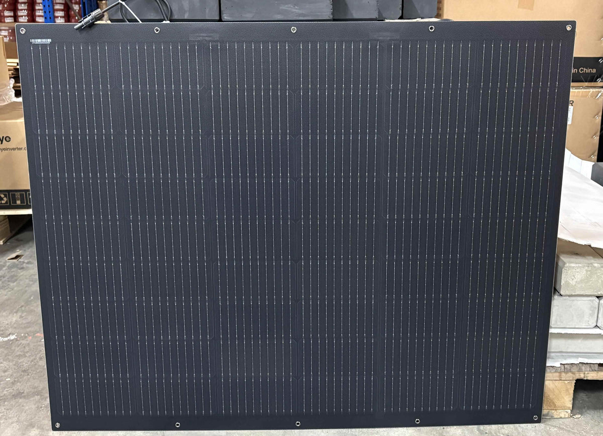 Solarmodul Rückansicht mit Anschlusskabeln und Junction-Box auf Palette im Lager