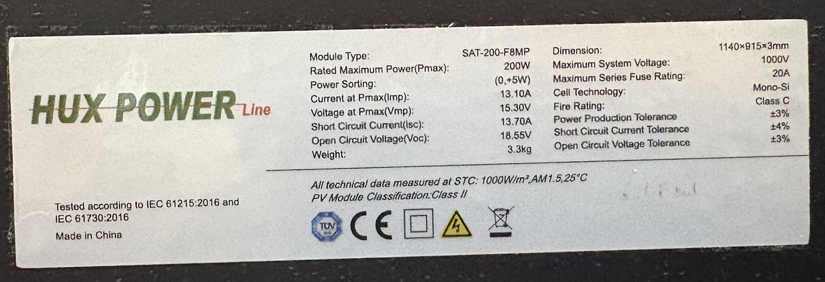 Hux Power Line SAT-200-F8MP 200W Solarmodul Typenschild und technische Daten