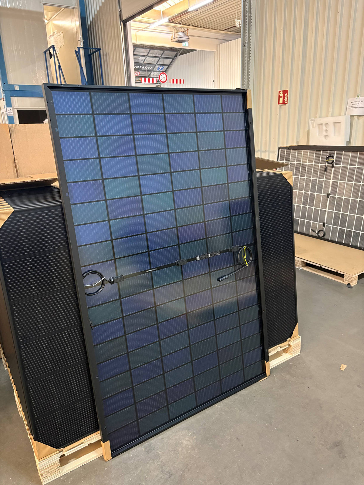 iSolarPro Solarmodul auf Palette Ansicht hinten mit Anschlusskabeln