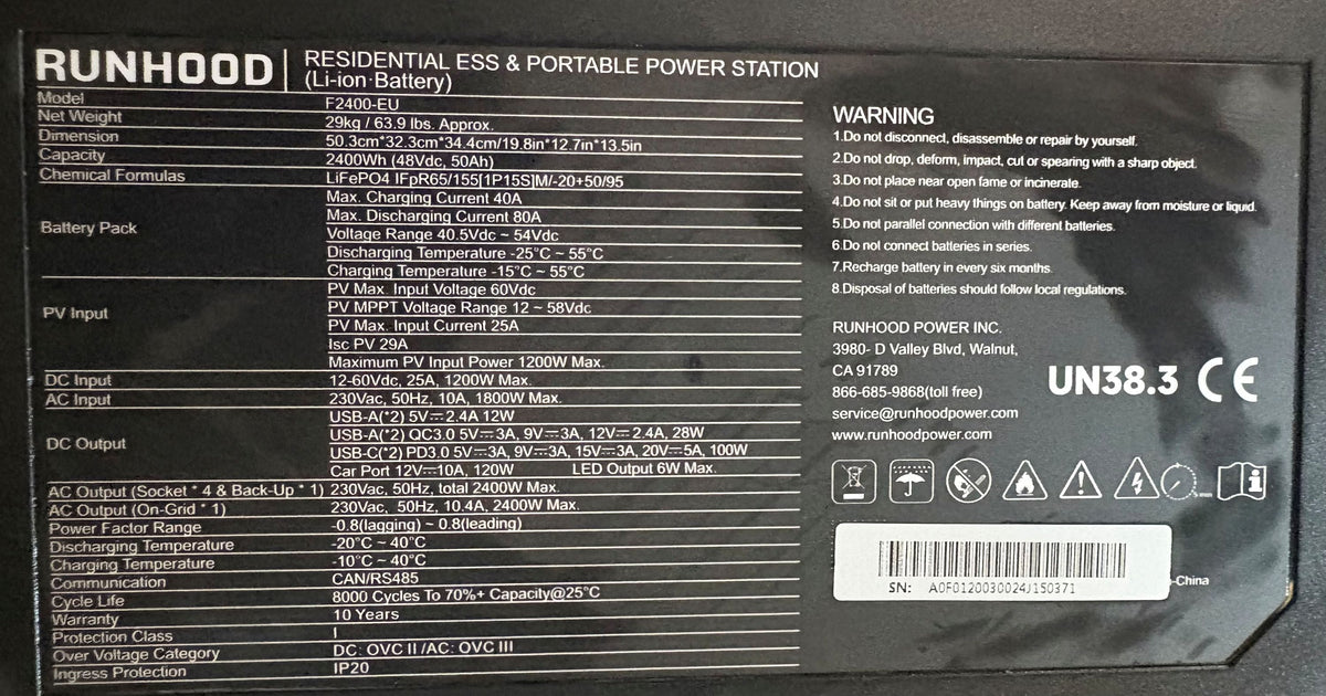 iSolarPro RUNHOOD F2400-EU Typenschild Technische Daten 2400Wh Portable Powerstation
