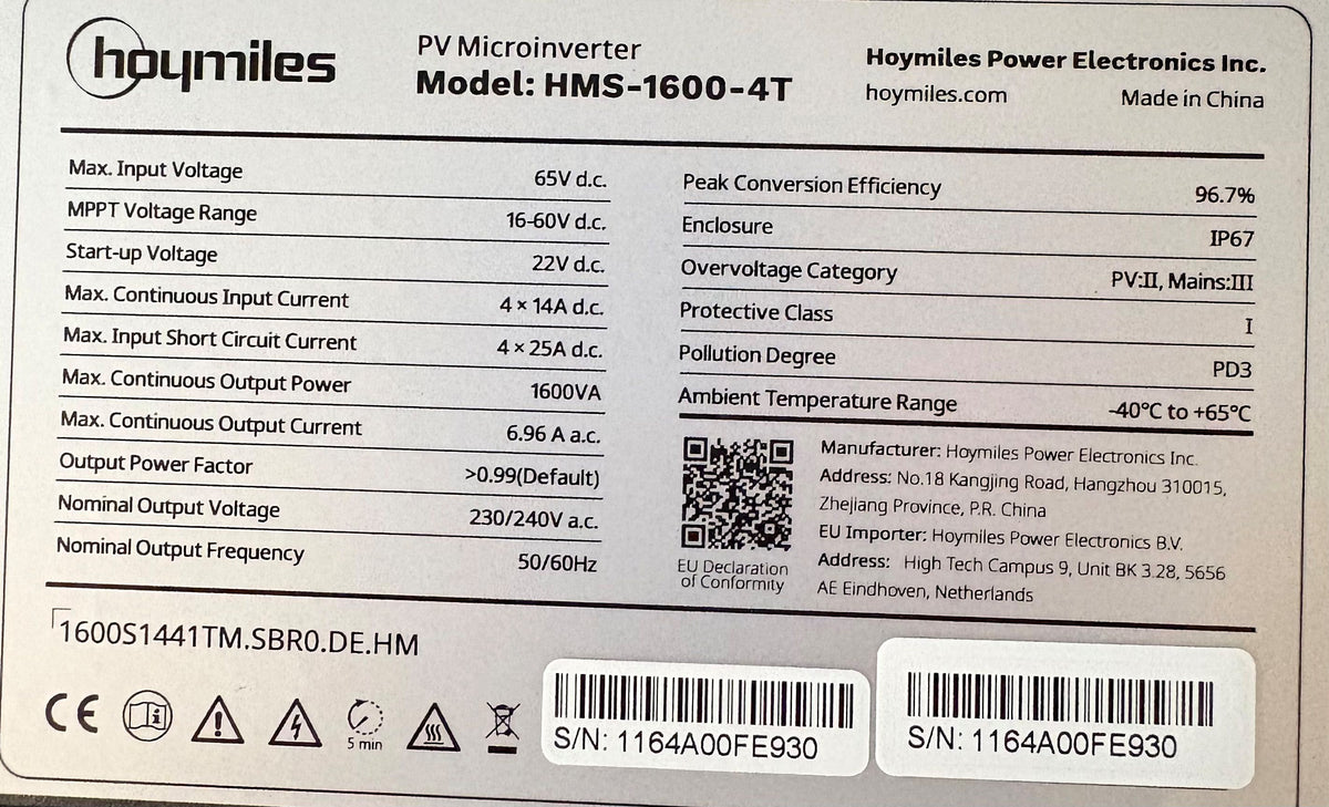 iSolarPro Hoymiles HMS-1600-4T Typenschild Technische Daten PV Microinverter