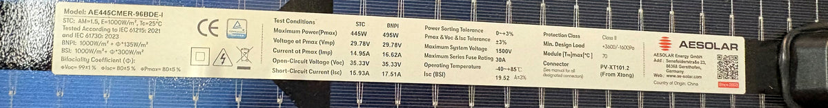 iSolarPro AE SOLAR AE440CMER-108DB Typenschild Technische Daten 440W Solarmodul