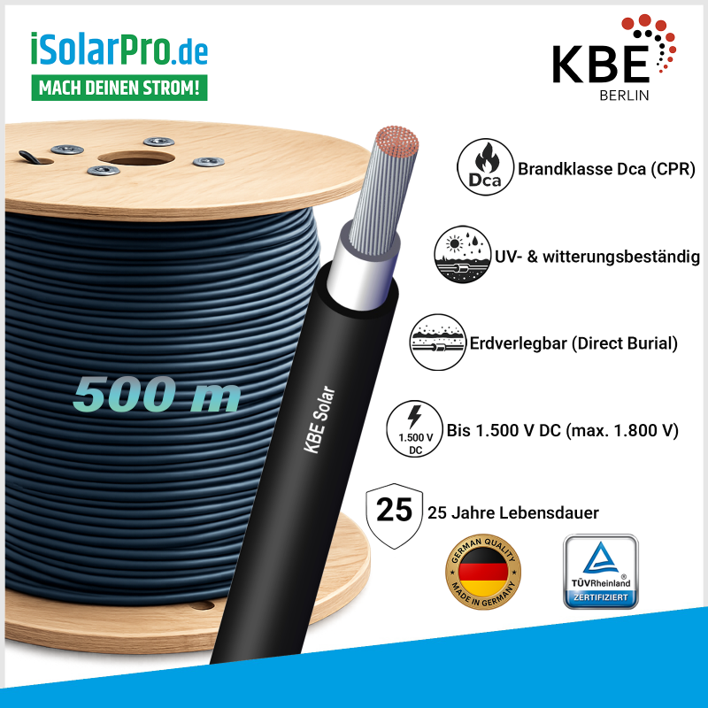 500m KBE Solarkabel 6 mm² Photovoltaik Kabel für PV Anlagen schwarz