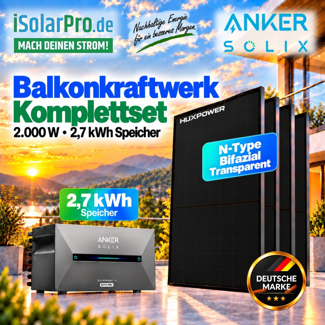 800W | 2000Wp | 2,7kWh ANKER SOLIX 3 Balkonkraftwerk-Set: 4x 500W HUXPOWER® HPTB500 Solarmodul + Solarbank 3 E2700 Pro + Smart Meter