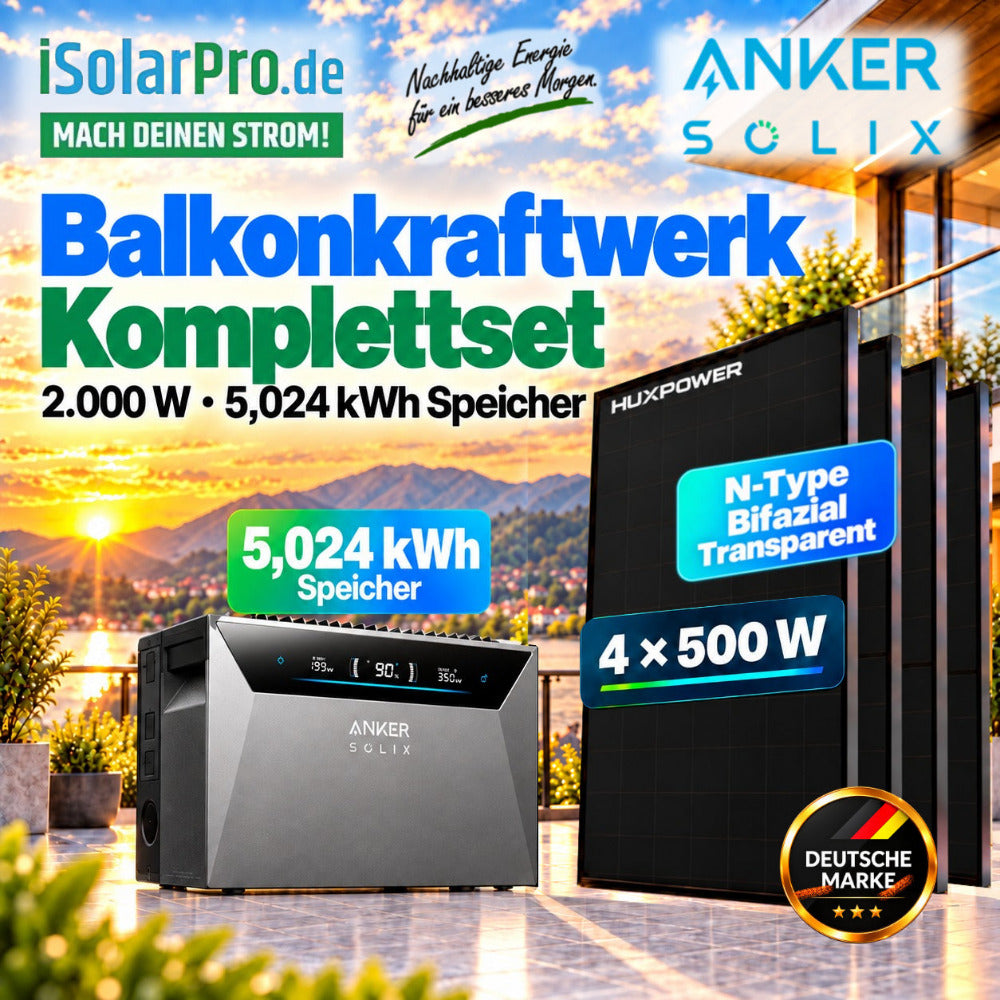 800W | 2000Wp | 5kWh ANKER SOLIX 4 Erweiterbares Balkonkraftwerk-Set: 4x 500W HUXPOWER® HPTB500 Solarmodul + Solarbank 4 E5000 Pro + Smart Meter Gen 2