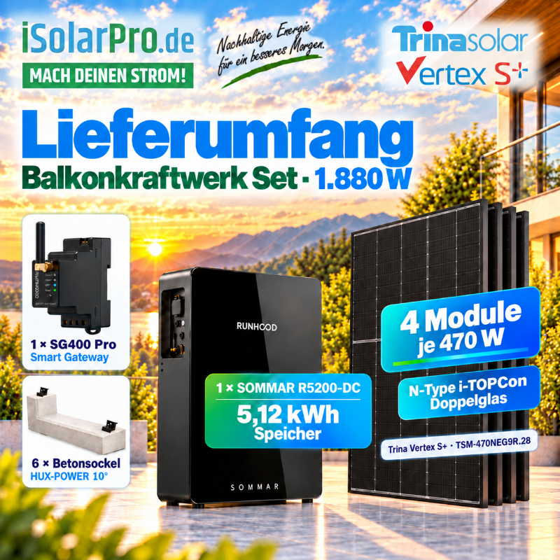 800W | 1880Wp Steckerfertiges RUNHOOD Balkonkraftwerk-Komplettset mit 5,12 kWh Speicher | 4x Trina 470W | HUXPOWER® Flachdachmontage | komplett inkl. Zubehör