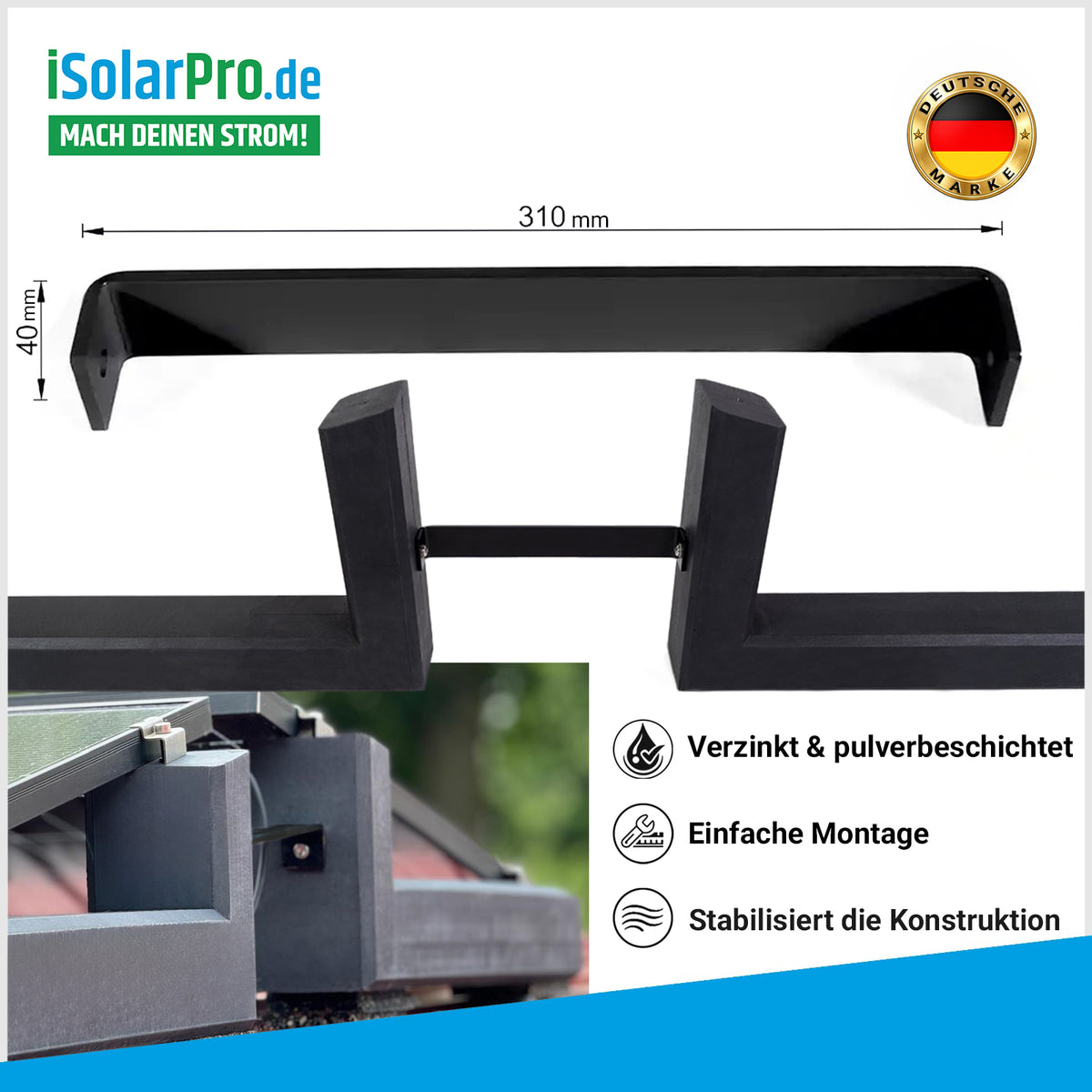 iSolarPro Ost-West Verbinder für Beton-Aufstaenderung technische Zeichnung und Details Marketing-Banner für Photovoltaik-Systeme