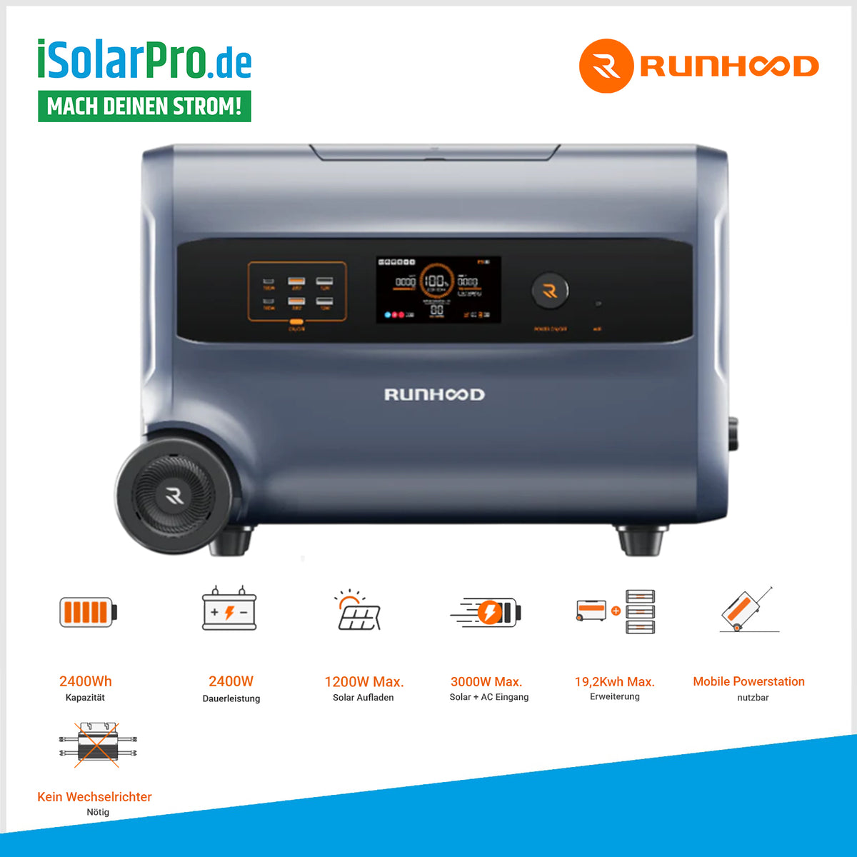 iSolarPro Werbebanner für die Runhood F2400 Powerstation mit 2400Wh Kapazität, LCD-Display und technischen Leistungsdaten für mobile Stromversorgung