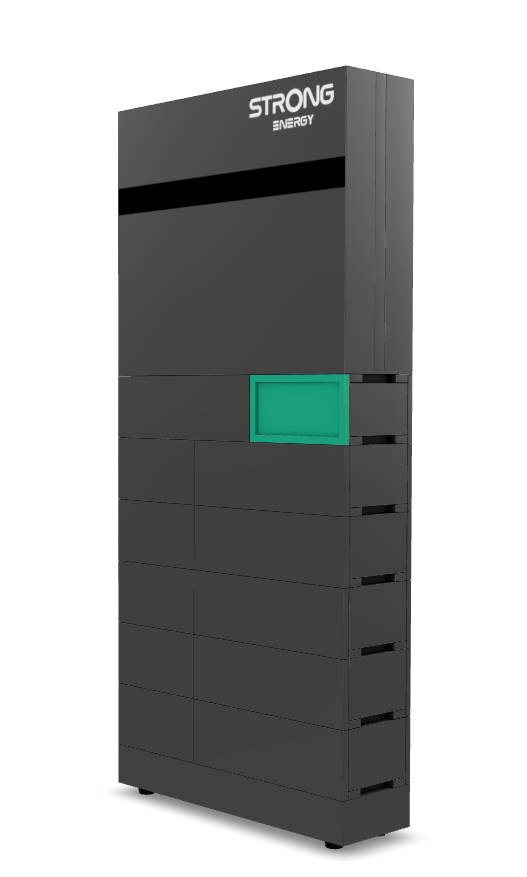 iSolarPro Strong Energy Energiespeicher in dunkelgrauer Schrägansicht mit Branding und grüner Statusanzeige für Photovoltaik-Systeme
