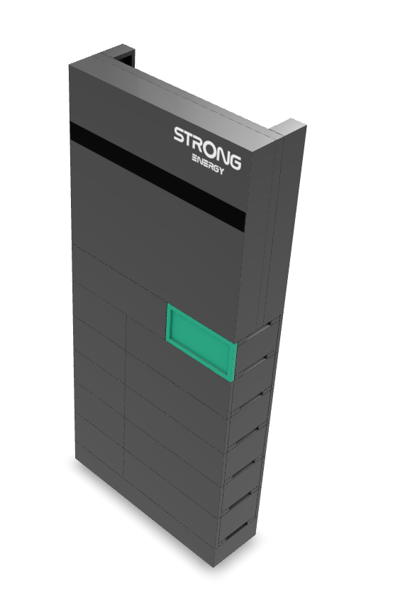 iSolarPro Strong Energy Energiespeicher in dunkelgrauer Schrägansicht mit Branding und Statusanzeige für Photovoltaik-Systeme