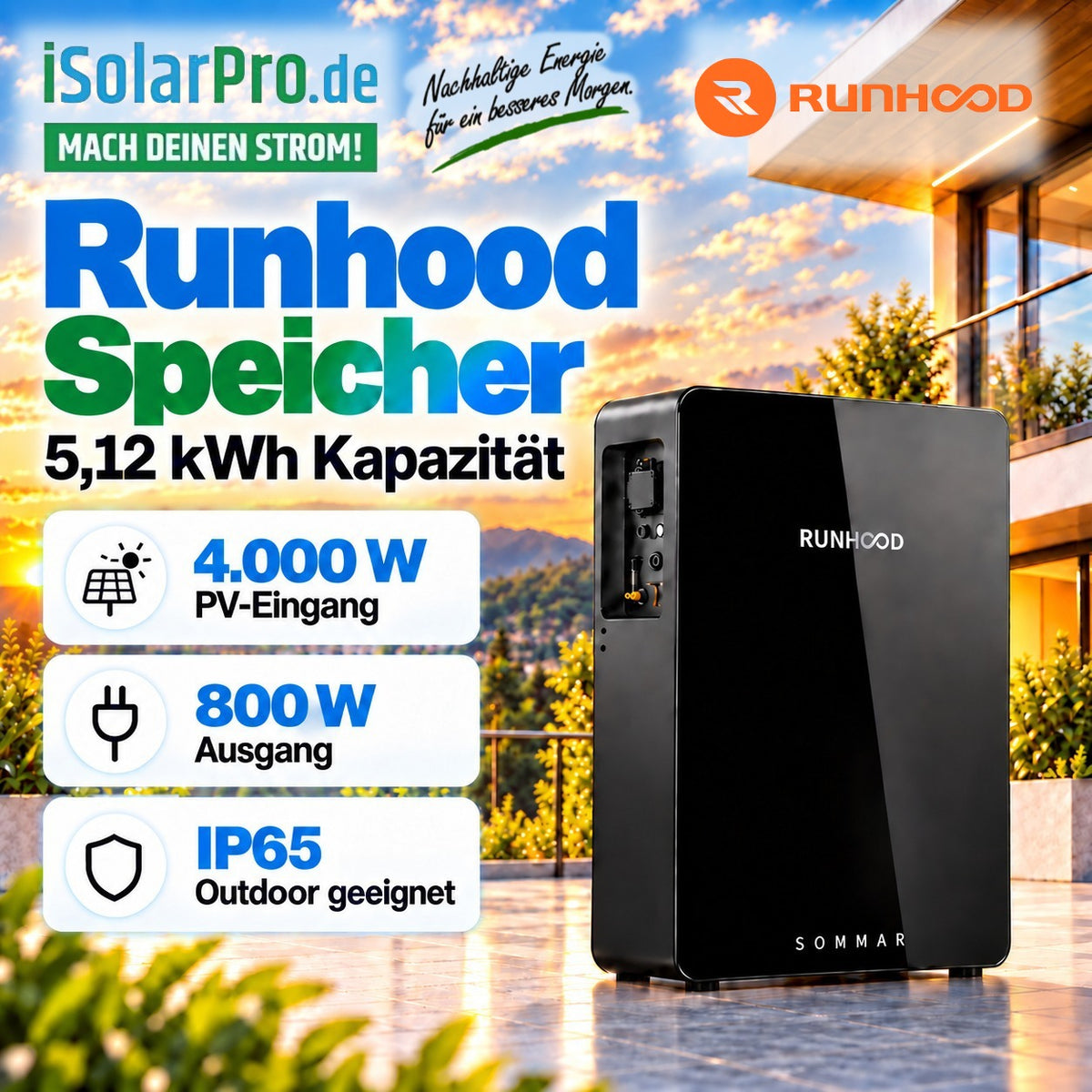 iSolarPro Runhood Speicher 5,12 kWh Kapazität mit 4000W PV-Eingang und IP65 Schutzklasse Marketing-Banner für Photovoltaik-Systeme