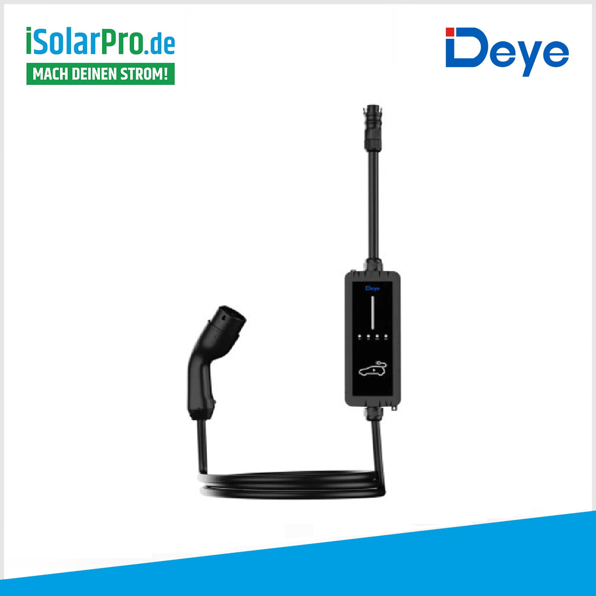 Deye Wallbox oder mobiles EV-Ladegerät in Schwarz mit Kabel und Stecker vor weißem Hintergrund mit isularpro.com-Branding und Deye-Logo