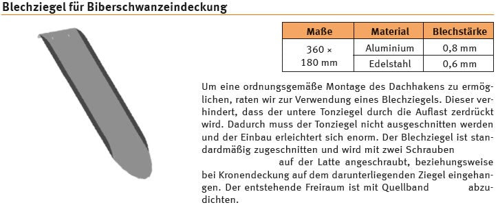 iSolarPro Blechziegel für Biberschwanzeindeckung Dachhaken Montage Infografik Technische Daten für Photovoltaik-Systeme