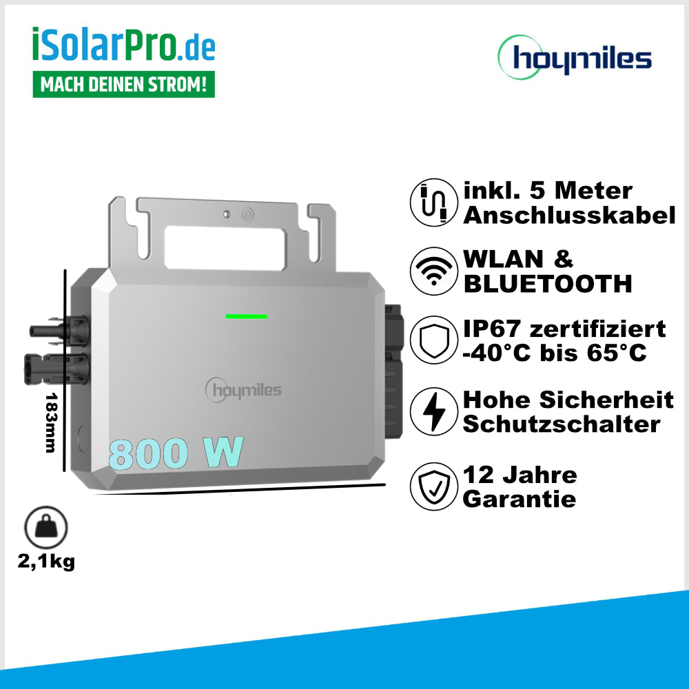 Hoymiles 800W Mikro-Wechselrichter Infografik mit WLAN, Bluetooth, IP67 und 12 Jahren Garantie