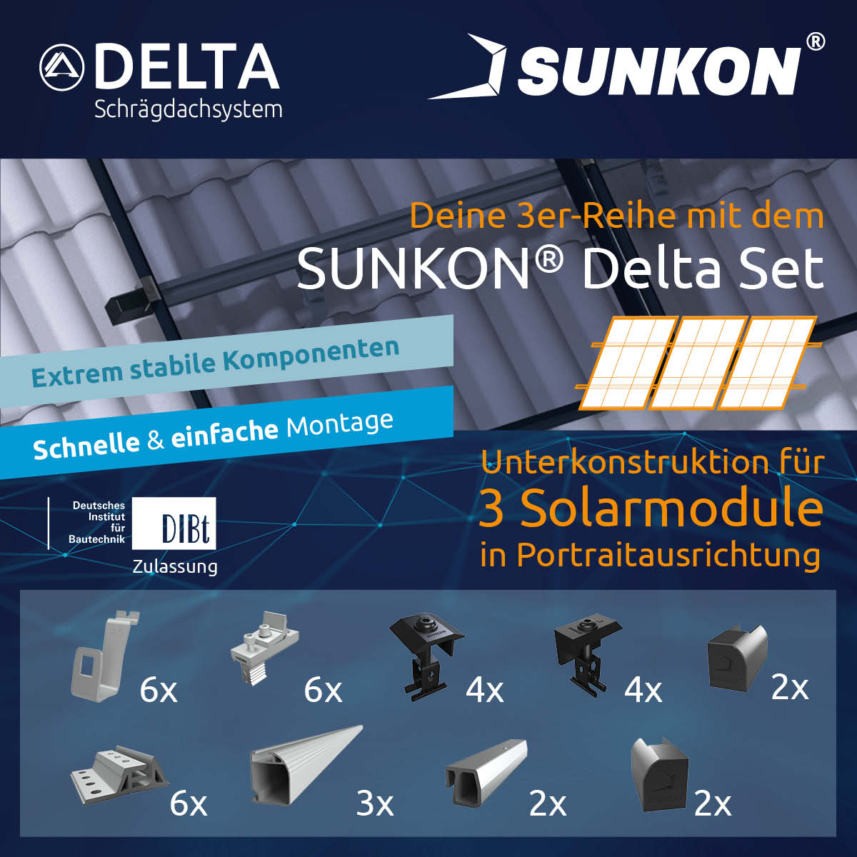 SUNKON Unterkonstruktion KOMPLETTSET für 3x PV-Module in Reihe Hochkant Ziegeldach