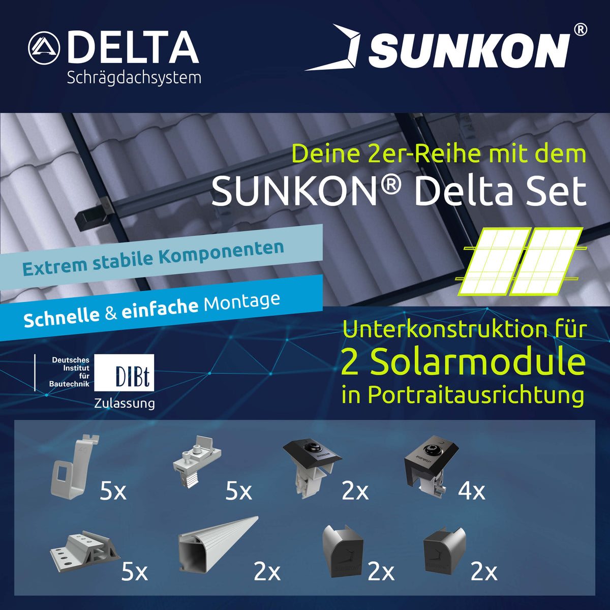 SUNKON Unterkonstruktion KOMPLETTSET für 2x PV-Module in Reihe Hochkant Ziegeldach