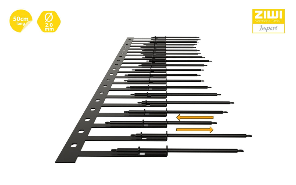 1 reihige fallende Solar Taubenabwehr-Spikes SCHWARZ 50 cm lang aus Edelstahl