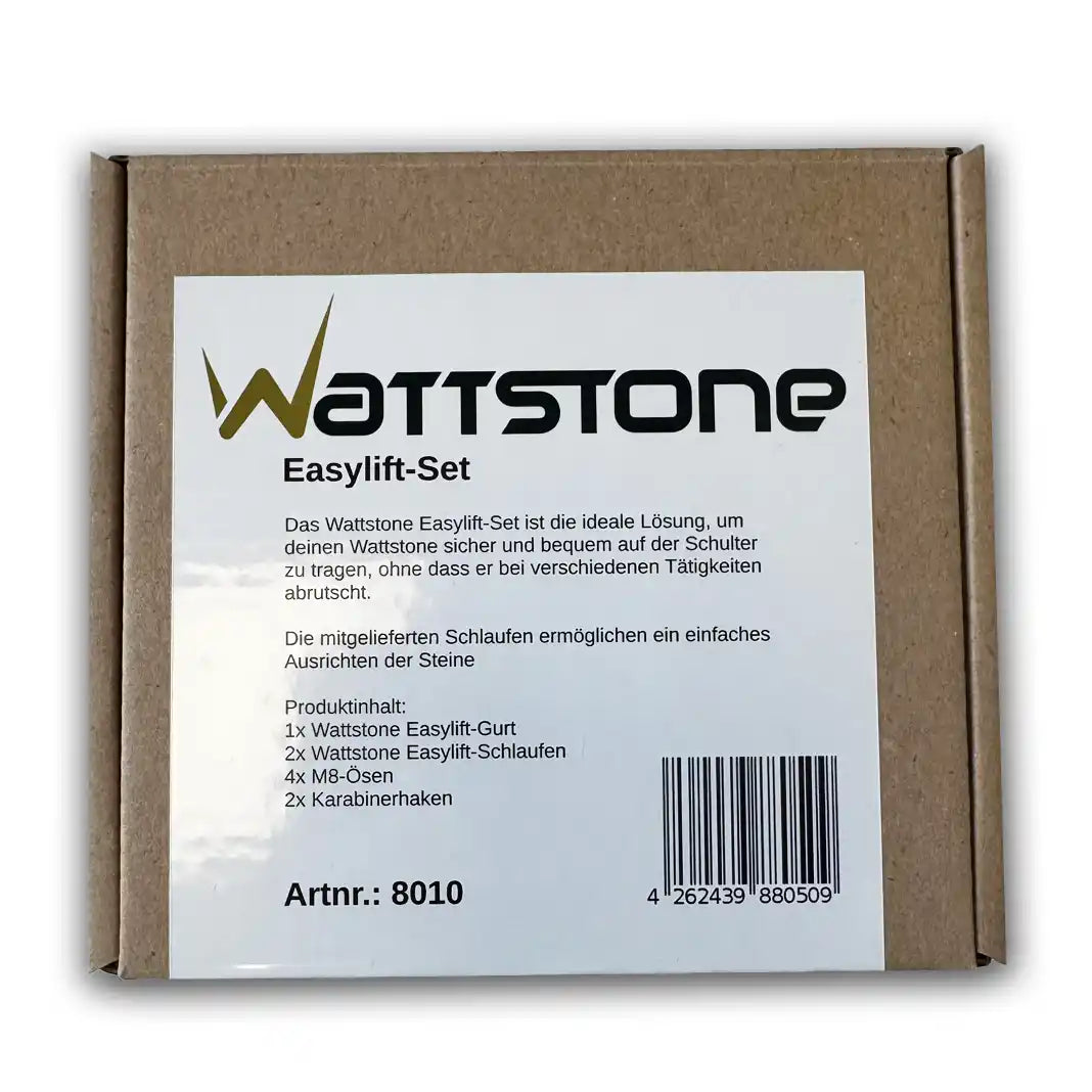 iSolarPro Wattstone Zubehör Easylift-Set im Karton mit Produktbeschreibung, Artnr. 8010 und Lieferumfang für die sichere Transport- und Tragehilfe