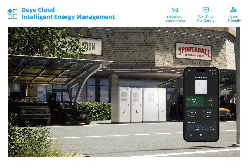Deye Cloud Intelligentes Energiemanagement mit App-Ansicht und gewerblicher Photovoltaik-Infrastruktur im iSolarPro Portfolio[cite: 16]